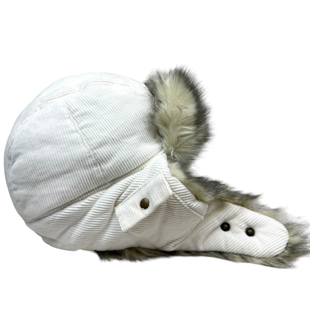 Womens Ushanka Style Faux Fur Trapper Corduroy Hat Cream Lined Winter Warm